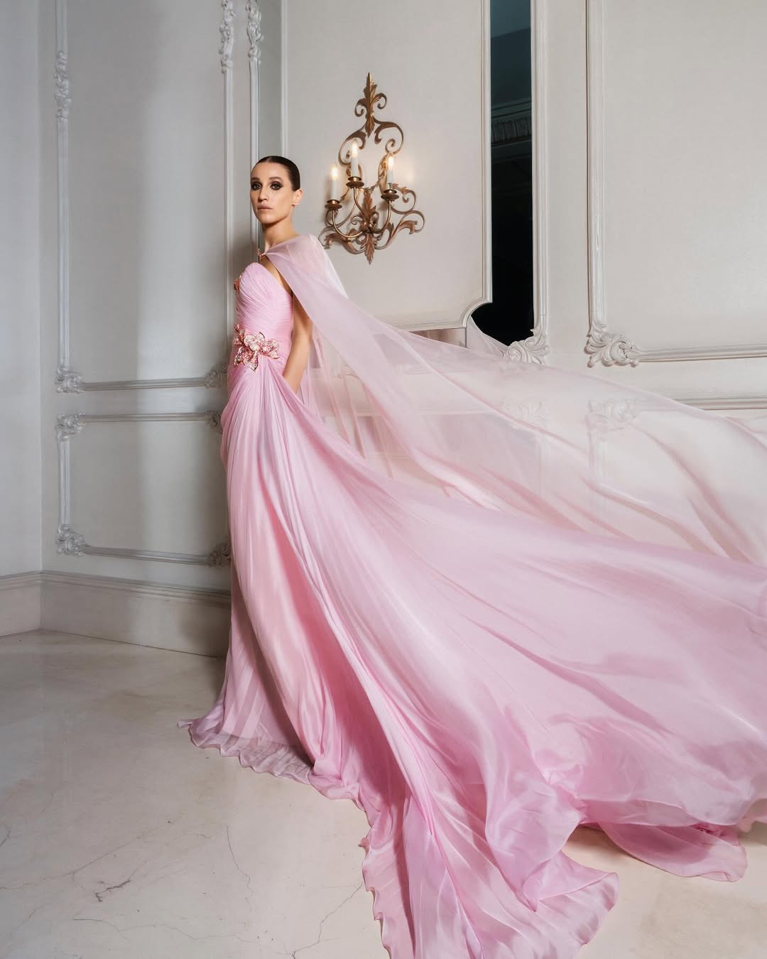 Light Pink 3D Floral Chiffon A-Line Evening Dress with Flowing Capelet SF223