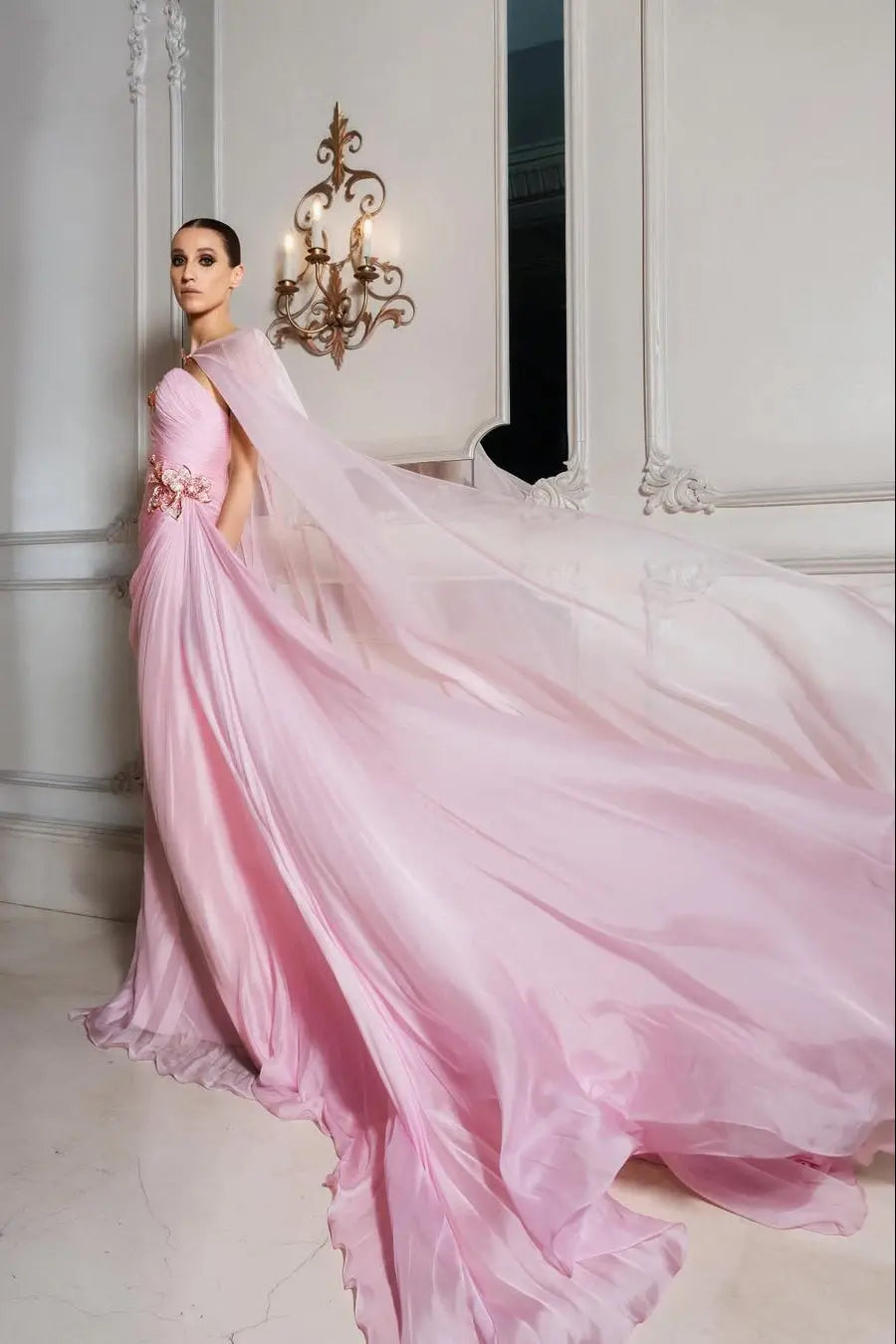 Light Pink 3D Floral Chiffon A-Line Evening Dress with Flowing Capelet SF223 Sheer Fairy