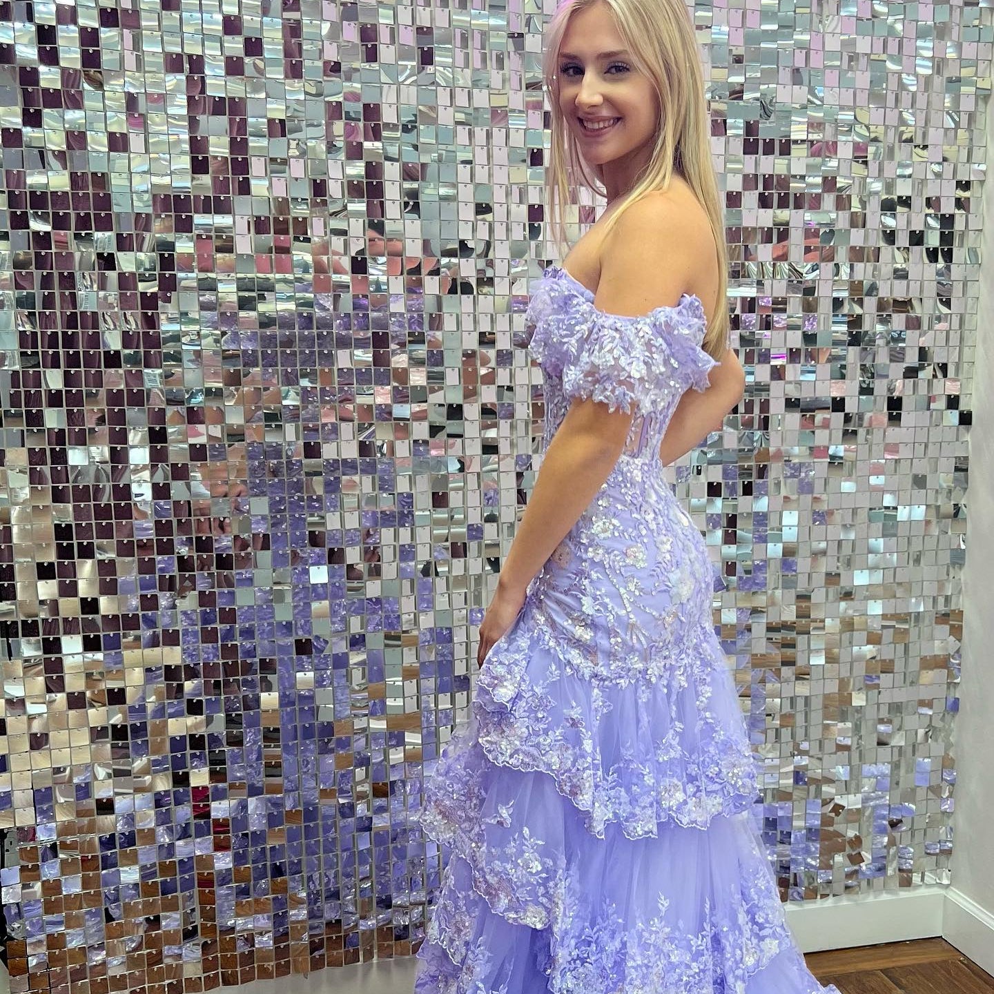 Off-Shoulder Ruffled Lace A-Line Evening Dress with High Slit and Sequins SH151 - SHEER FAIRY