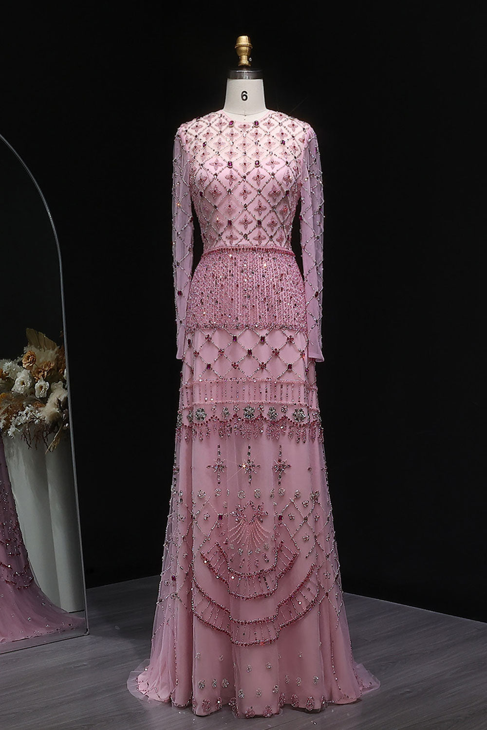 Pink Long-Sleeve Beaded Sheer Evening Dress SS220 Sheer Fairy