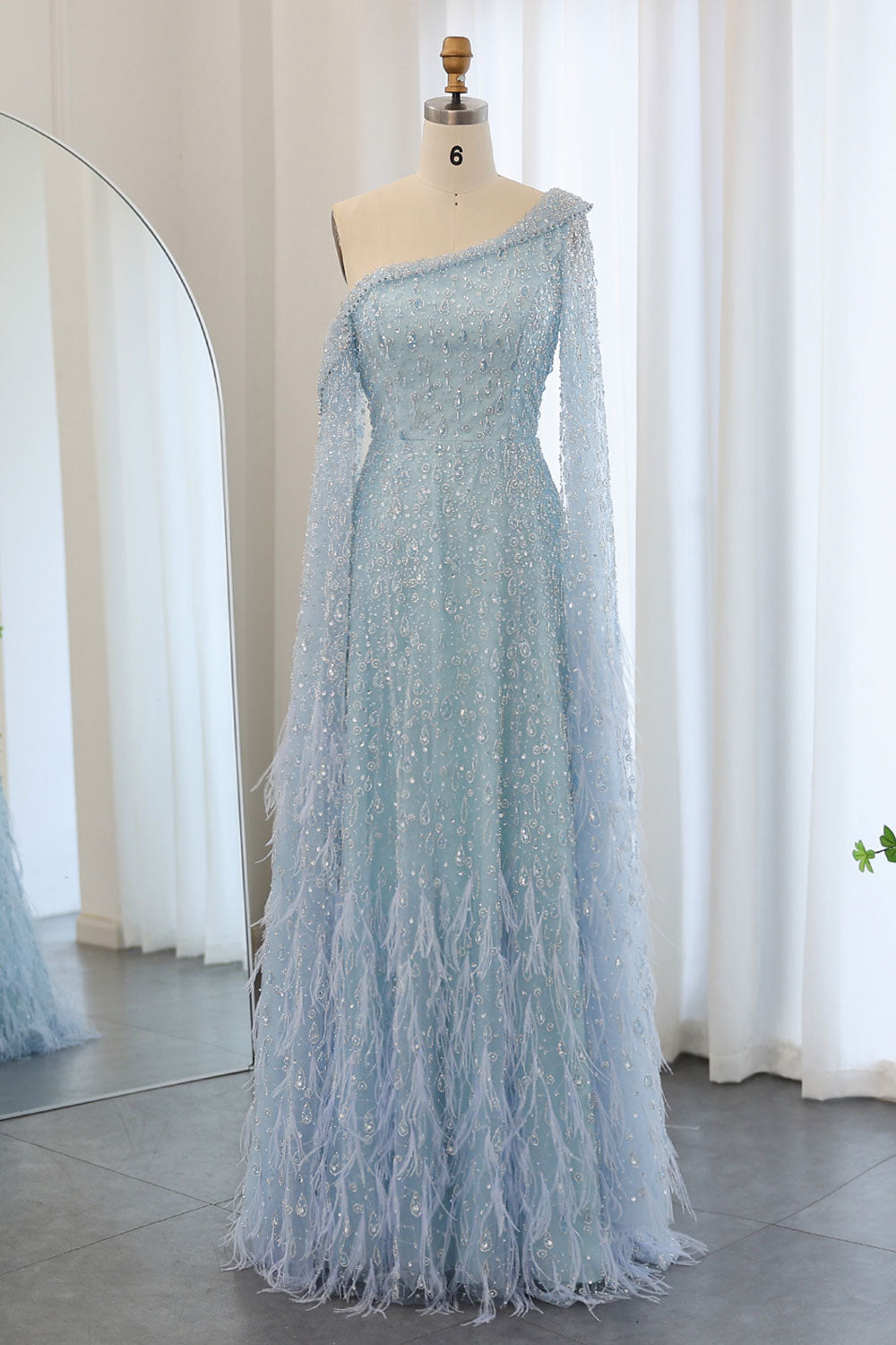 One Shoulder Light Blue Beaded Feather Evening Dress for Women SS438 Sheer Fairy