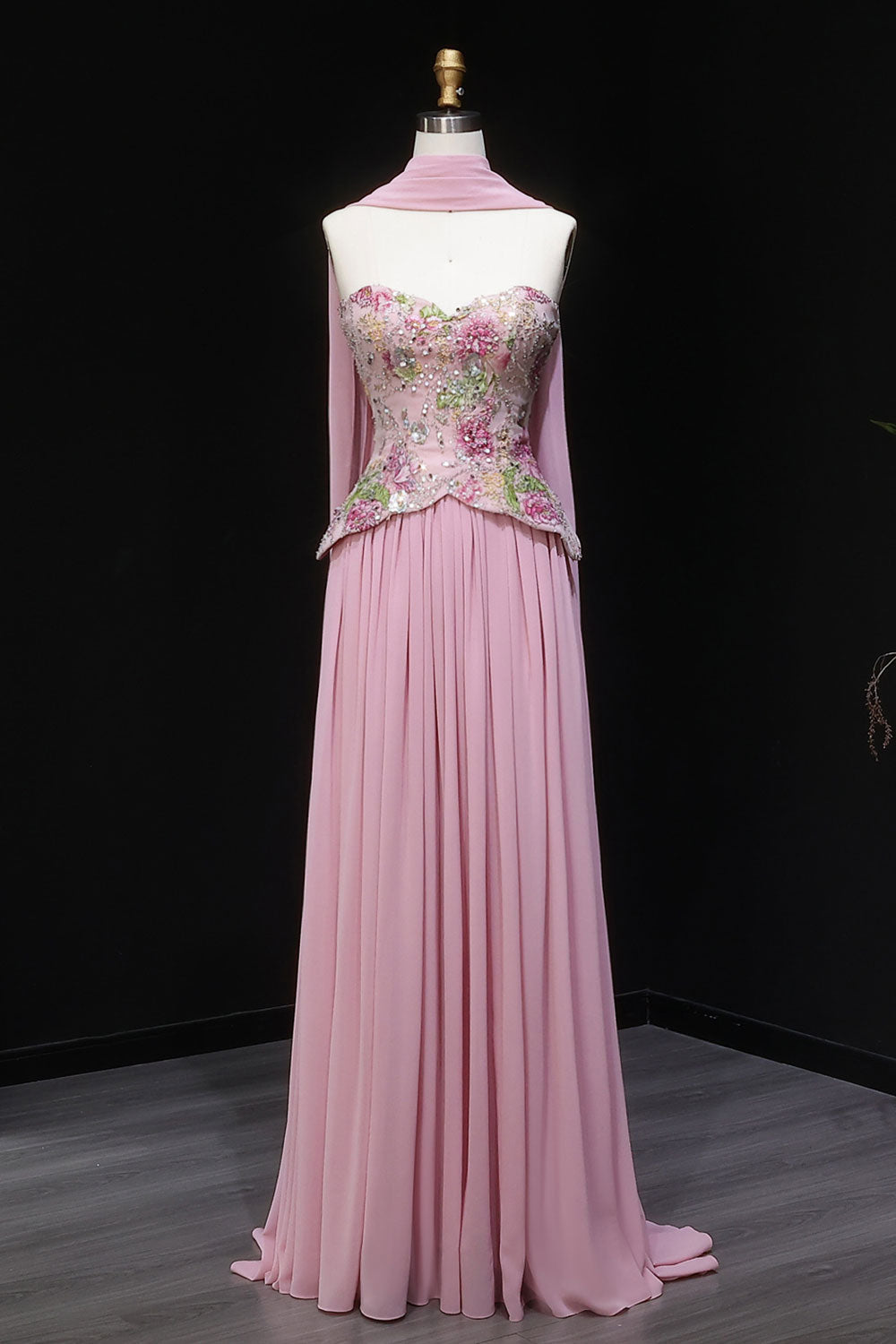 Pink Strapless Evening Dress with Floral Beaded Bodice & Chiffon Cape Scarf SS480 Sheer Fairy