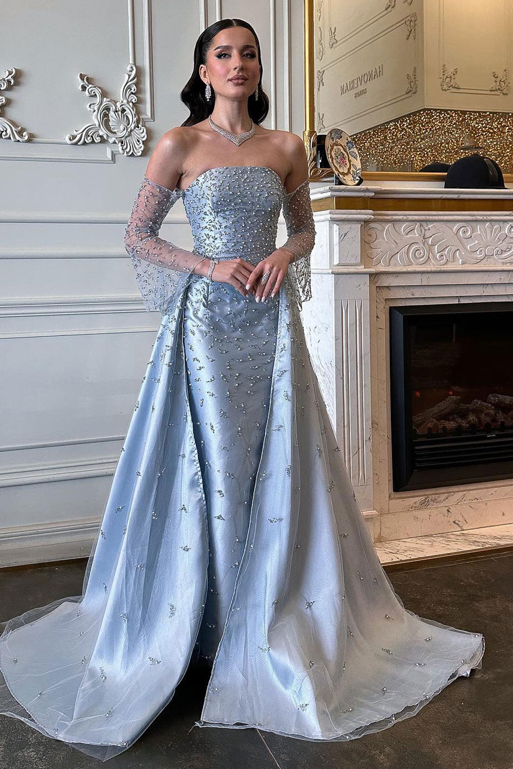 Blue Strapless Mermaid Evening Dress with Detachable Tulle Overlay & Sheer Sleeves SS484 Sheer Fairy