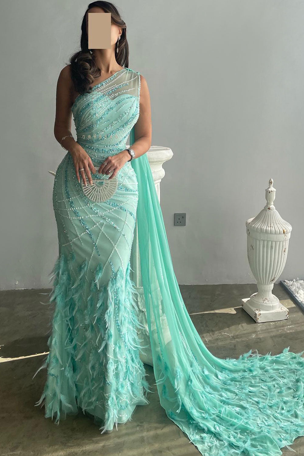 Turquoise One-Shoulder Mermaid Evening Dress with Beading & Feather SS498 Sheer Fairy