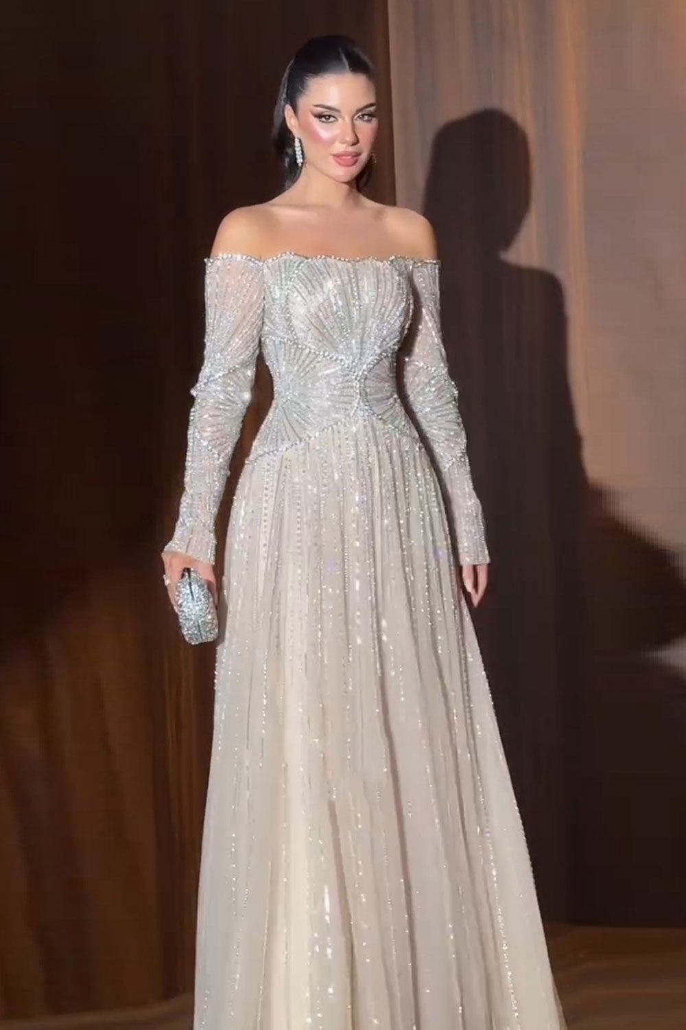 Sexy Off the Shoulder Luxury Beaded Beige Evening Dress with Long Sleeve SS507 Sheer Fairy