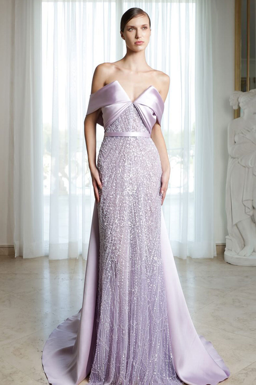 Lilac Modest Evening Dress with Satin Cape Overlay & Crystal Beaded SS624 Sheer Fairy