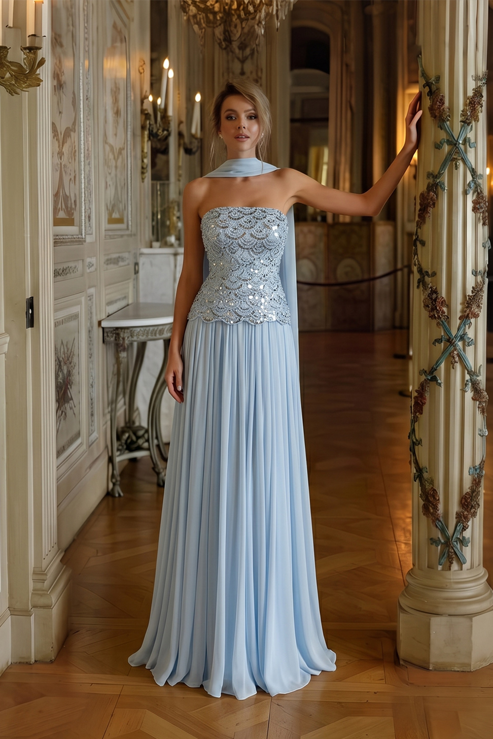 Sky Blue Sequin Bodice Strapless Pleated Long Evening Dress SS651 Sheer Fairy