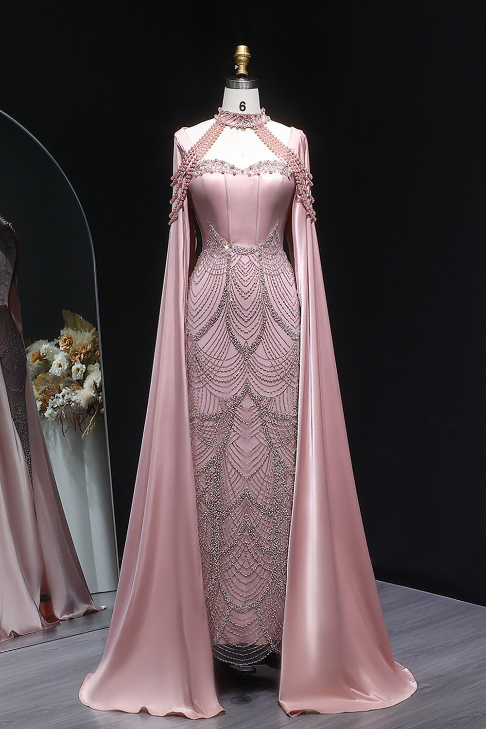 Luxury Blush Pink Beaded Mermaid Long Evening Dress with Cape SS662 Sheer Fairy