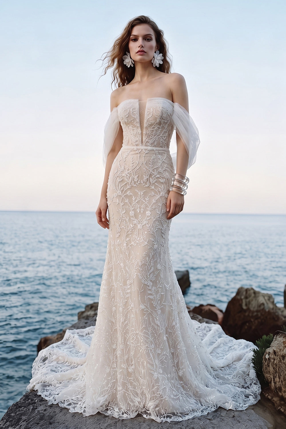 Ivory  Romantic A-Line Satin Wedding Dress 3D Rose Floral With Veil  SW661（副本） Sheer Fairy