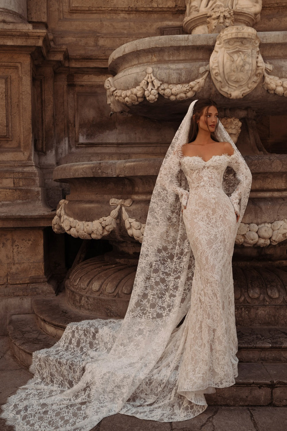 Ivory Lace Off-the-Shoulder Mermaid Wedding Dress with Train SW176 Sheer Fairy