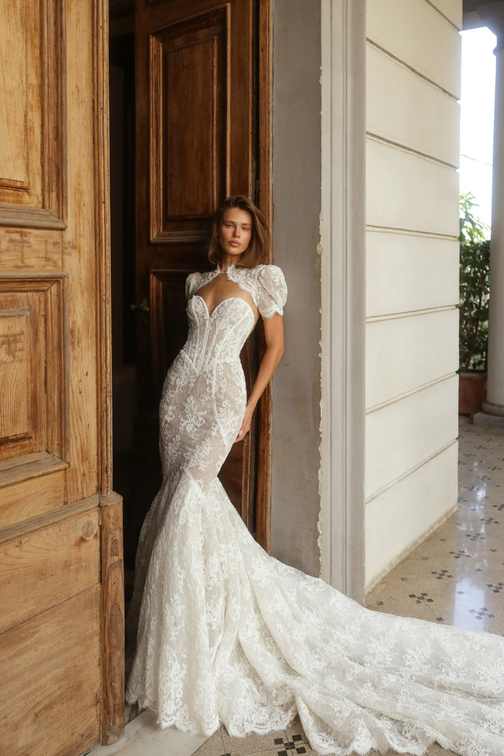 Vintage-Inspired Lace Mermaid Wedding Dress with Puffed Short Sleeves SW180 Sheer Fairy