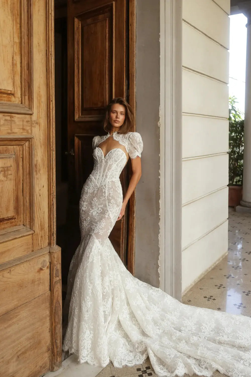 Vintage-Inspired Lace Mermaid Wedding Dress with Puffed Short Sleeves SW180 Sheer Fairy