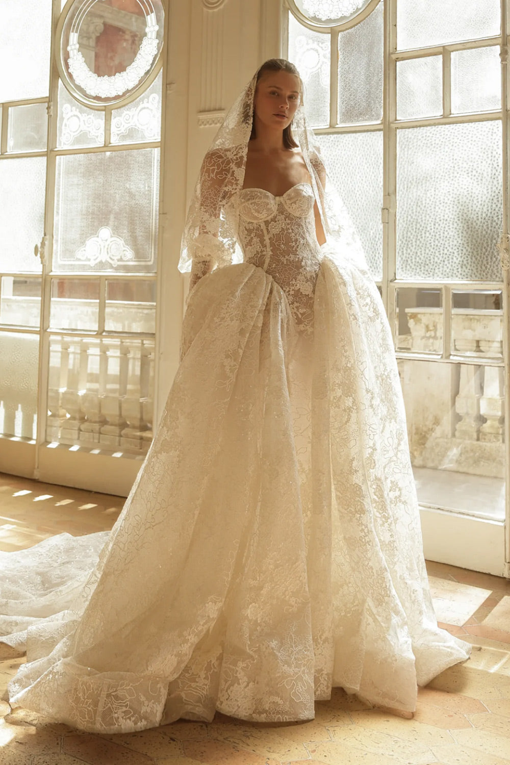 Long Puffed Sleeve Lace Ball Gown Wedding Dress SW184 Sheer Fairy