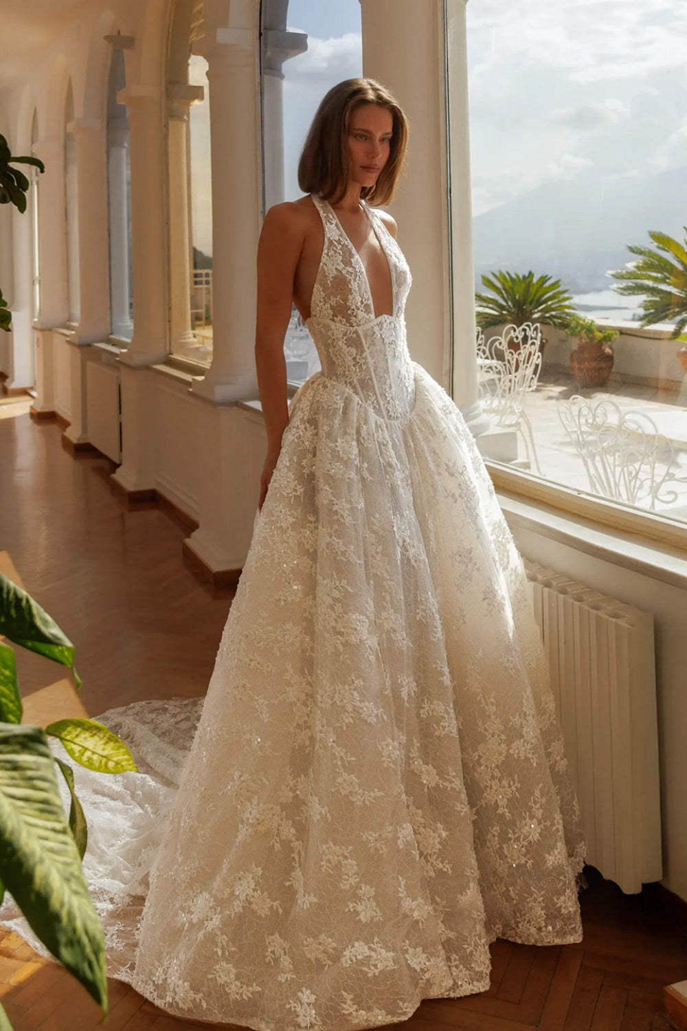 Halter Plunge V Neck Lace Ball Gown Wedding Dress SW185 Sheer Fairy