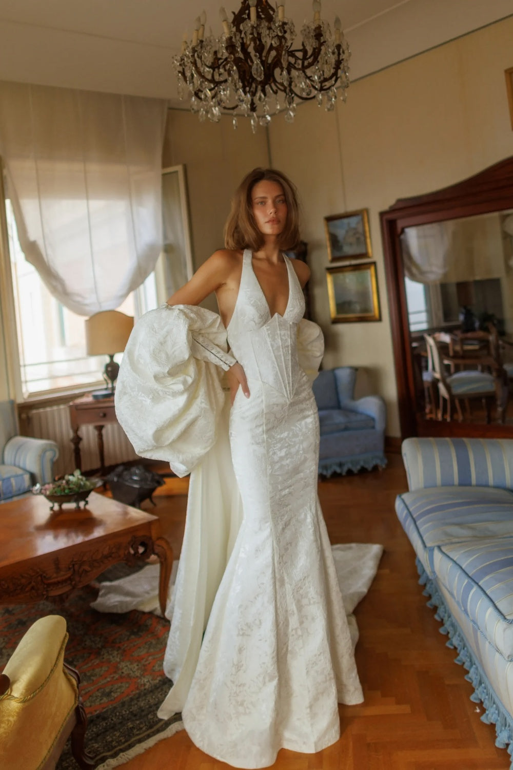 Long Mermaid Wedding Dress with Detachable Puff Sleeves SW188 Sheer Fairy