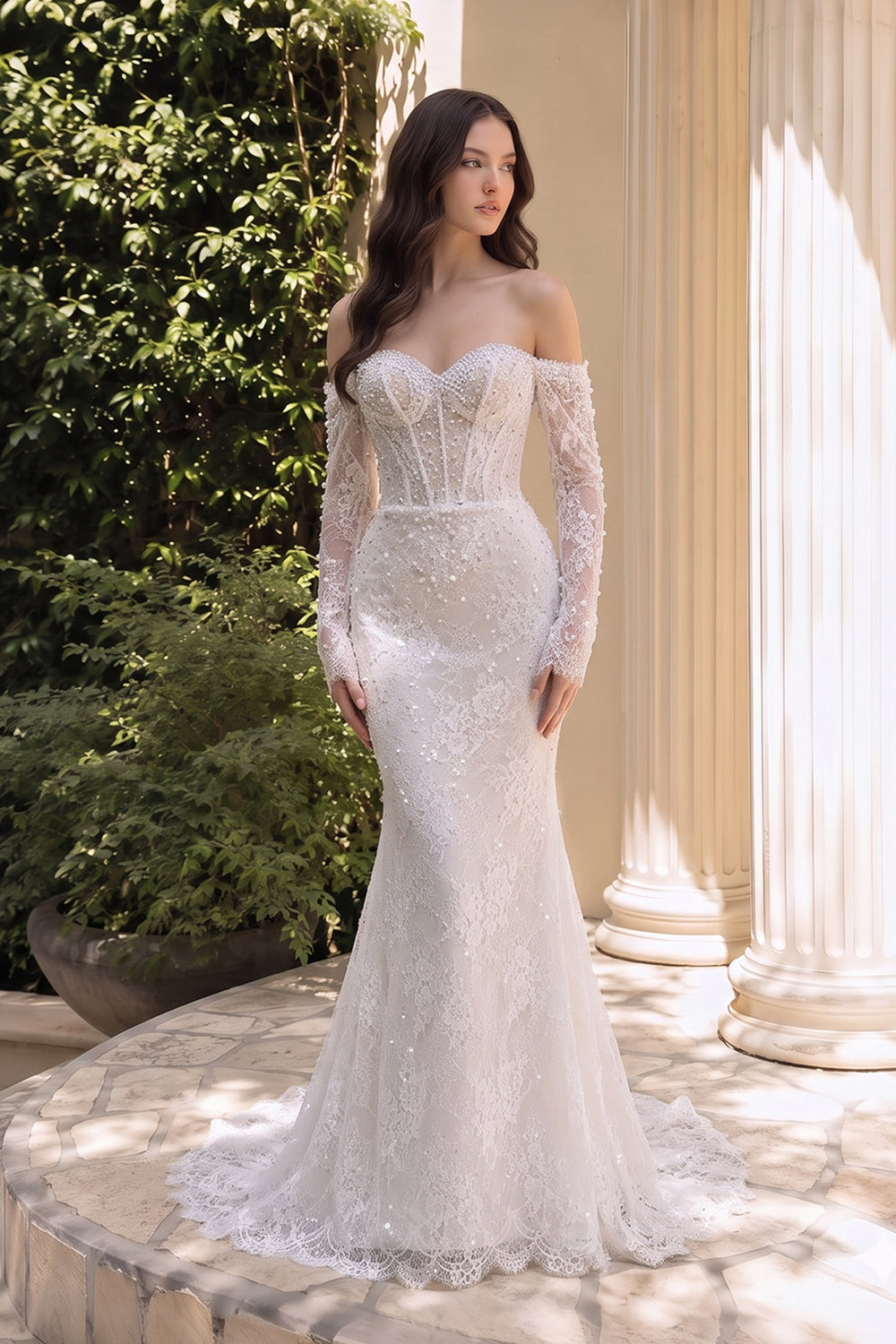 White Boho Romantic Lace Mermaid Wedding Dress Beaded Sequins With Lace Train SW627 Sheer Fairy