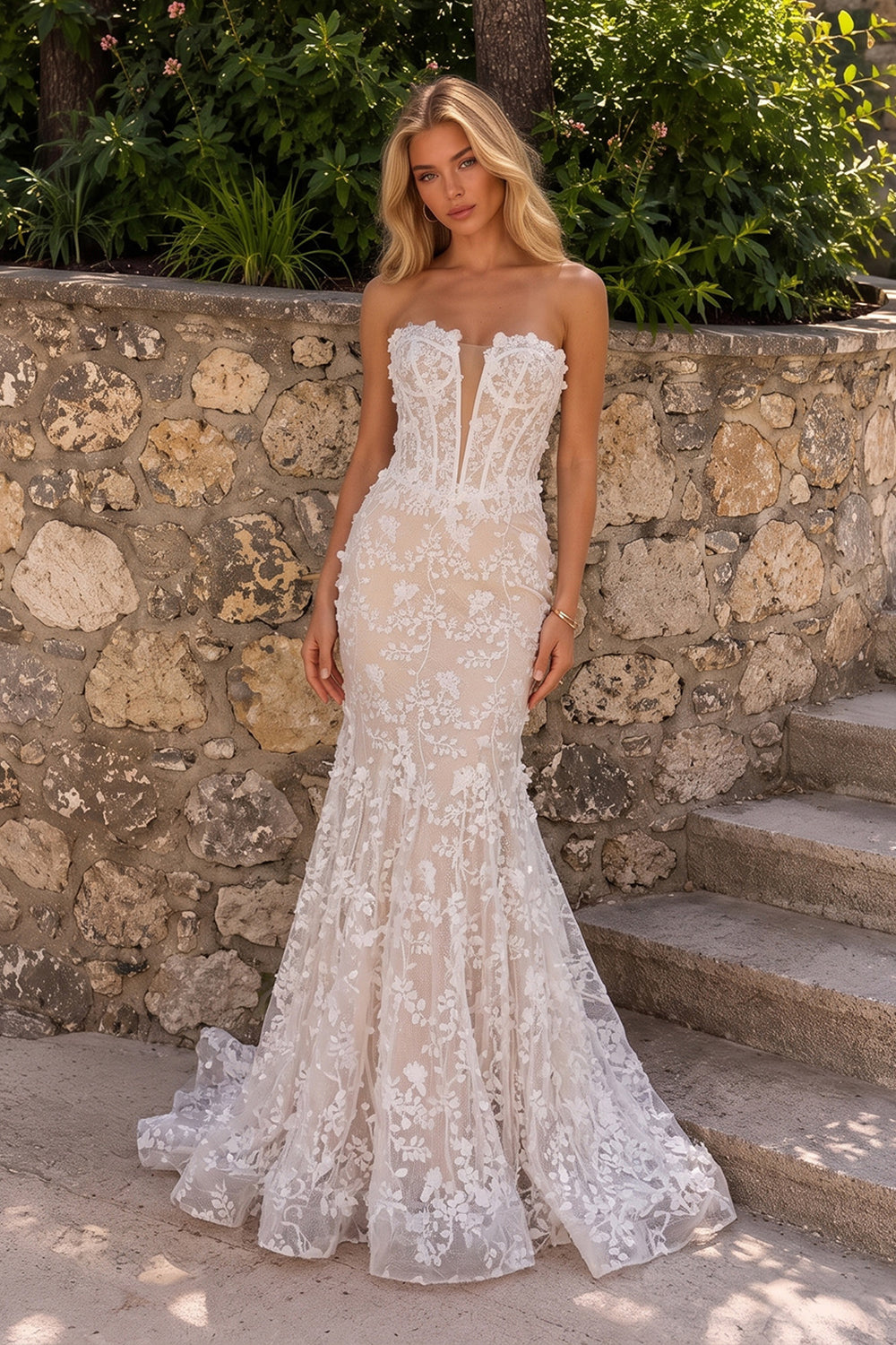 White Nude Lace Fairytale  Mermaid Wedding Dress 3D Floral  Train  SW649 Sheer Fairy