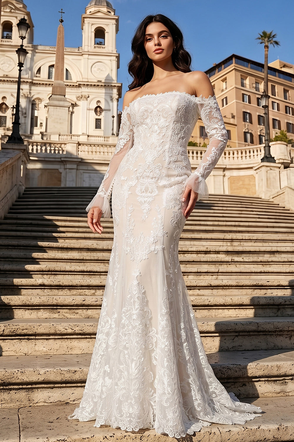 Off White  Lace Stunning Feminine Mermaid Wedding Dress Train  SW650 Sheer Fairy