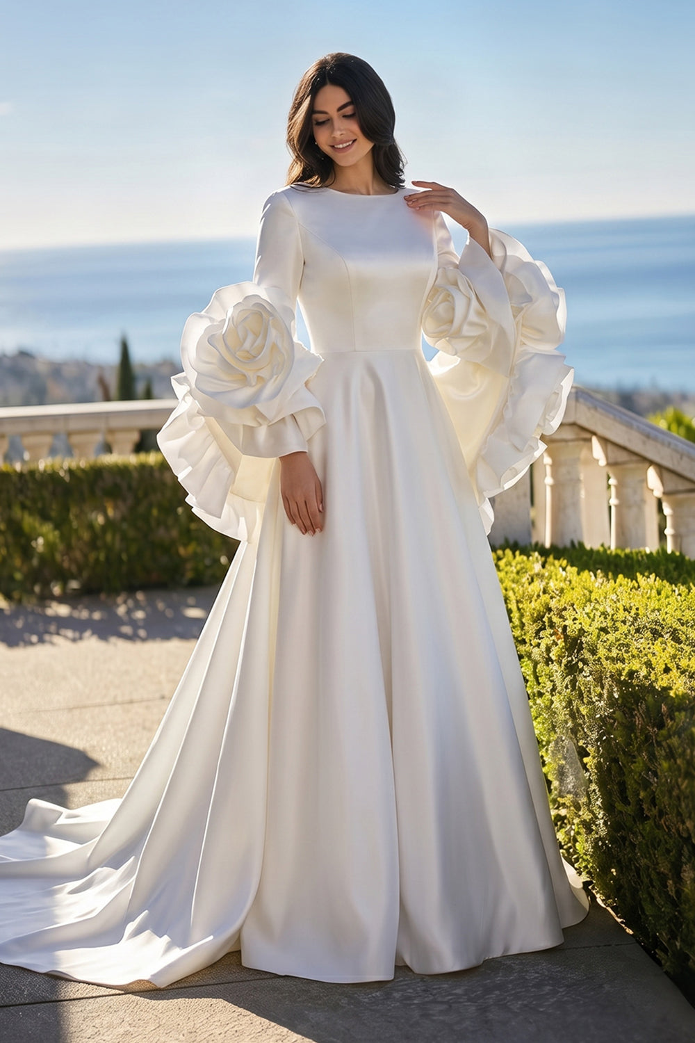 Ivory  Romantic A-Line Satin Wedding Dress 3D Rose Floral With Veil  SW661 Sheer Fairy