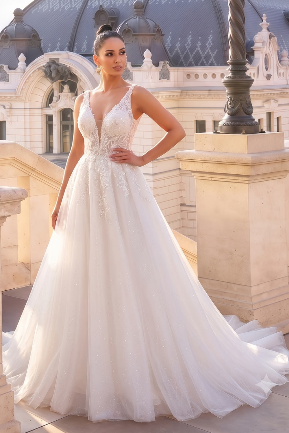 Dreamy Sparkly Tulle Wedding Dress with Lace Appliqués and Corset Closure SW710 Sheer Fairy