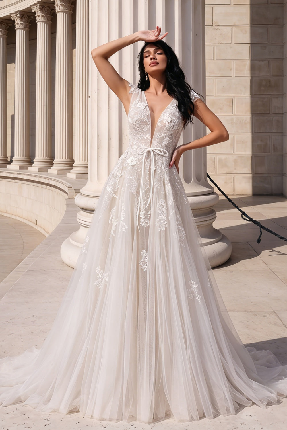 Luxury Lace A-Line Wedding Dress with V-Neck and Deep Illusion Back SW711 Sheer Fairy