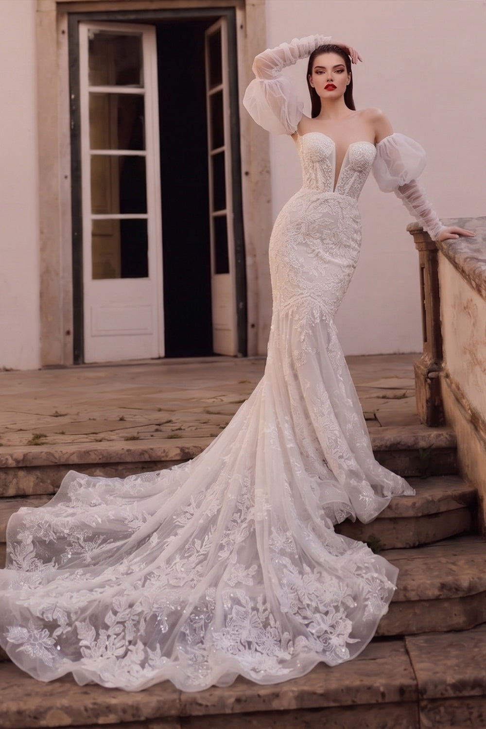 Luxury Illusion Neck Tulle Wedding Dress with Long Puff Sleeves and Lace Details SW713（副本） Sheer Fairy
