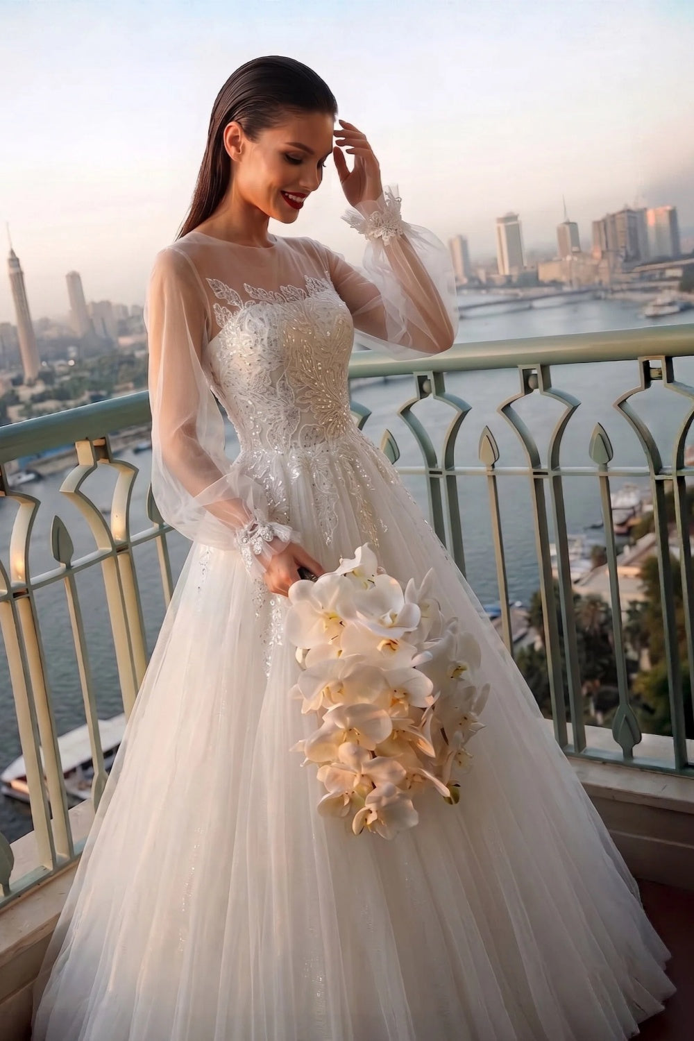 Luxury Illusion Neck Tulle Wedding Dress with Long Puff Sleeves and Lace Details SW713 Sheer Fairy