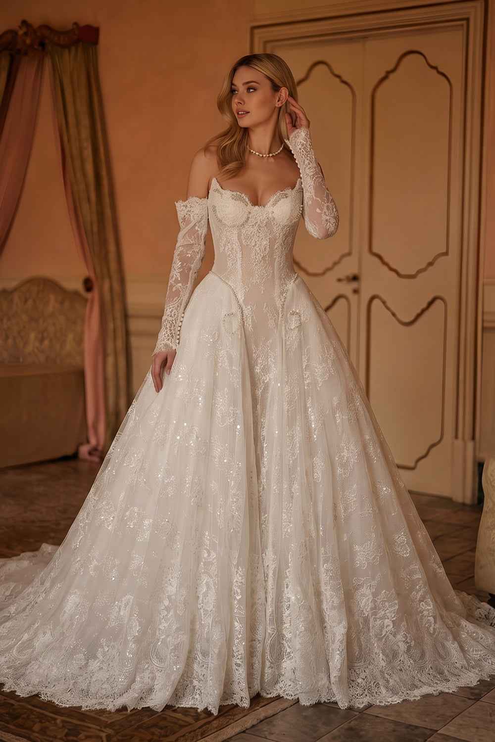 Off White Luxury Ball Gown Wedding Dress Beaded With Veil SW715 Sheer Fairy