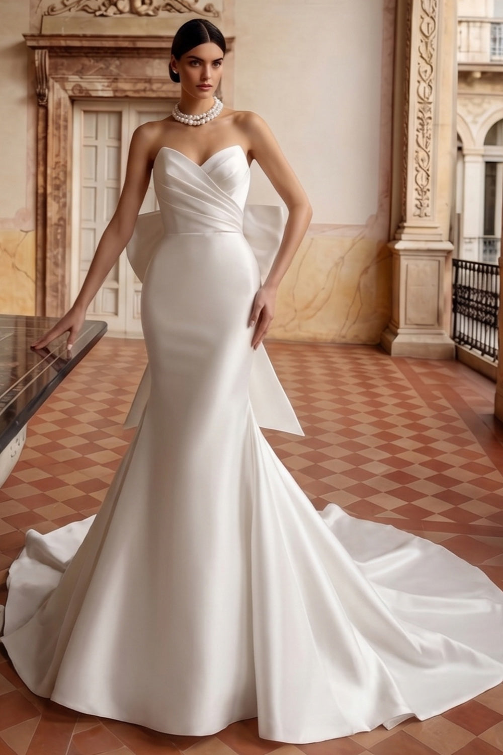 Dreamy White Satin Wedding Dress with Dramatic Train SW718 Sheer Fairy