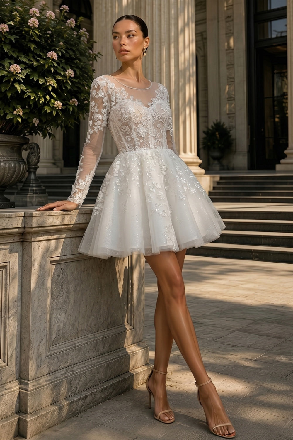 Luxury White Beaded Wedding Dress with Illusion Neckline SW721 Sheer Fairy