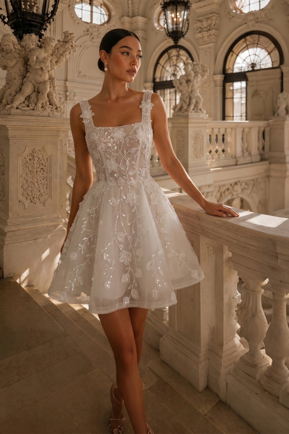 Dreamy White Square Neck Wedding Dress with Floral Appliques SW722 Sheer Fairy