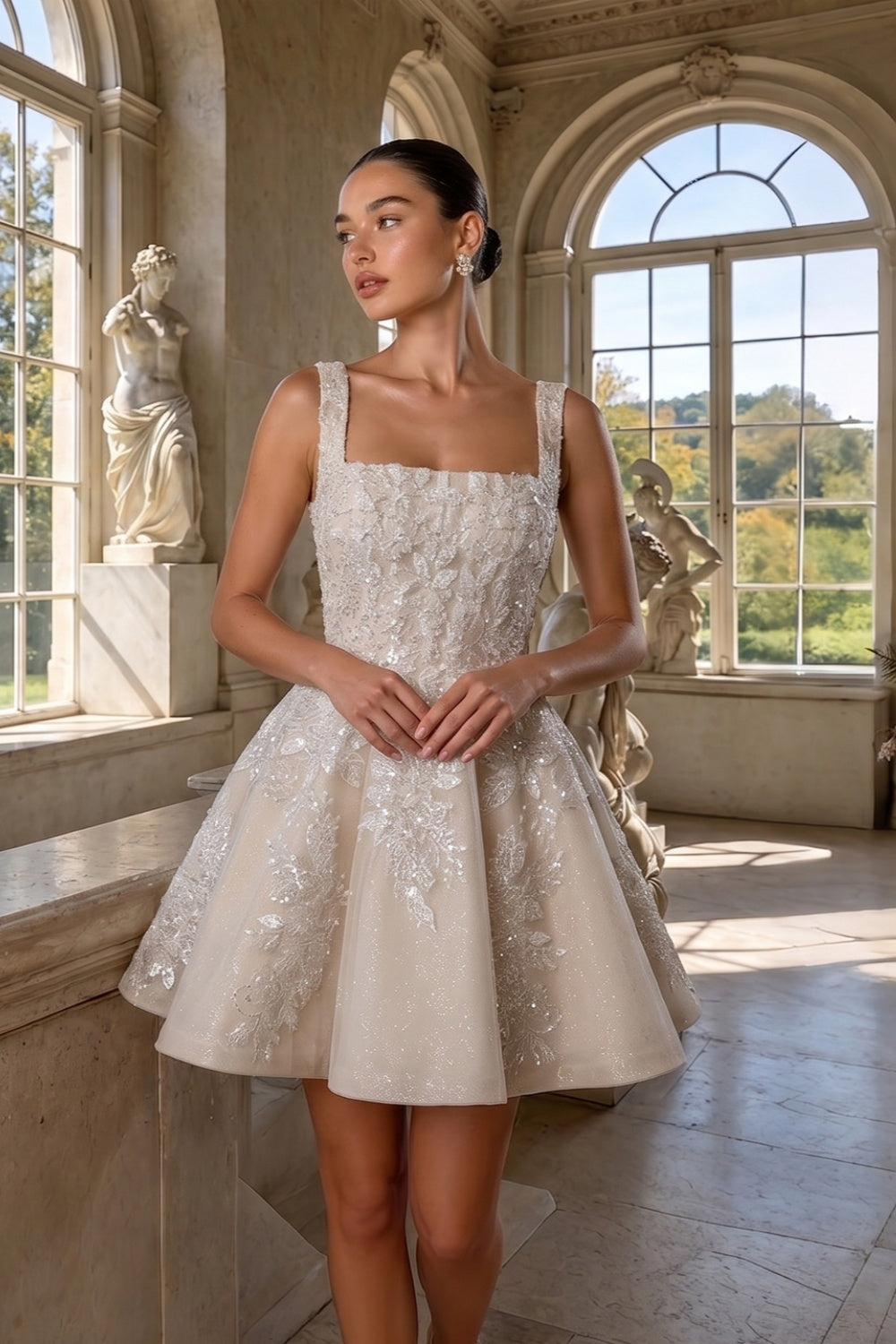 Romantic Floral Lace Wedding Dress with Tulle Skirt SW725 Sheer Fairy