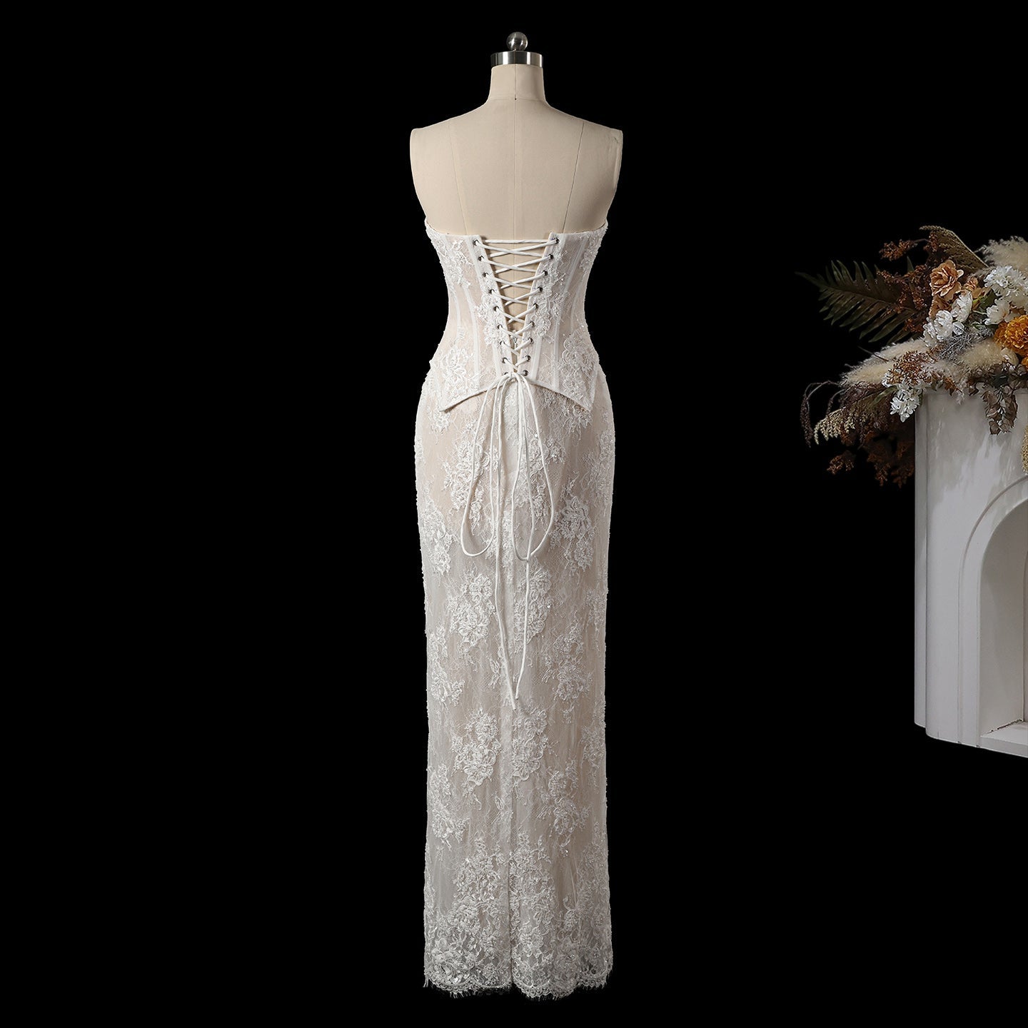 White Sweetheart Boned Corset Lace Long Reception Wedding Dress SW744 Sheer Fairy