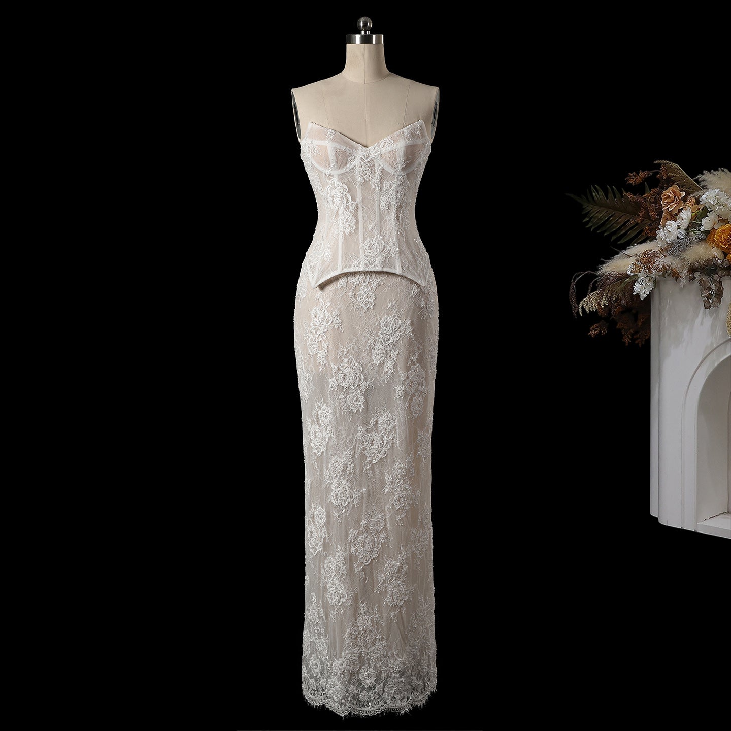 White Sweetheart Boned Corset Lace Long Reception Wedding Dress SW744 Sheer Fairy
