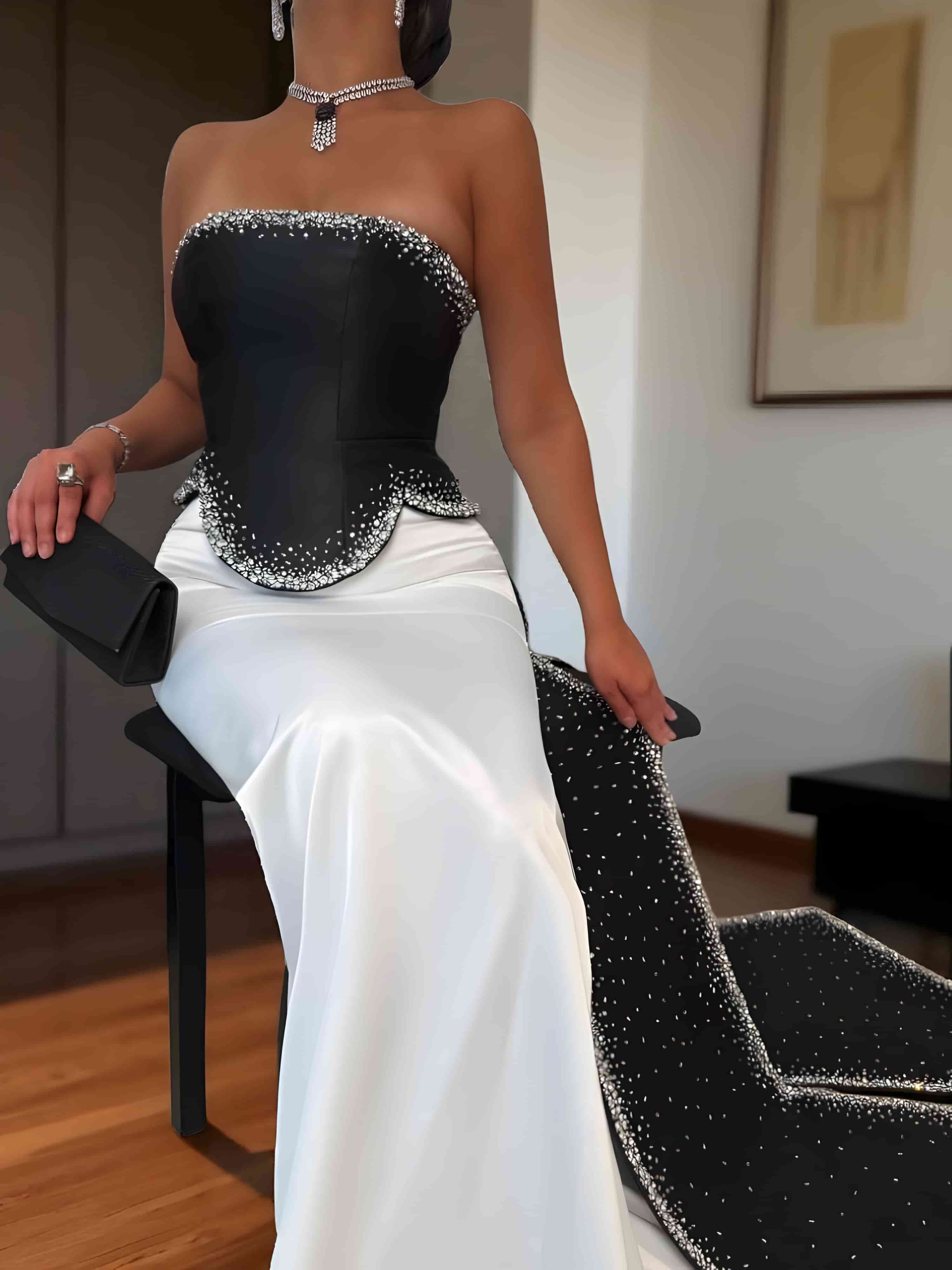 Black and White Beaded Strapless Mermaid Evening Dress SF308