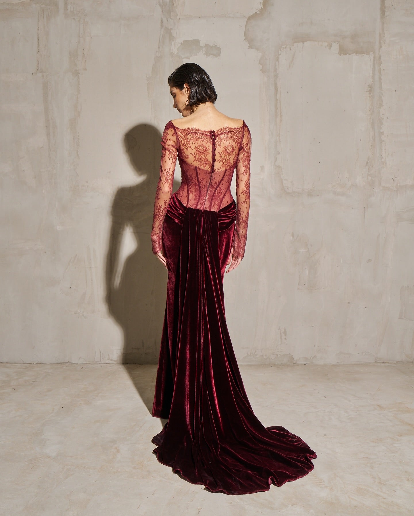 Wine Red Lace and Velvet Long Sleeves Mermaid Evening Dress SF056