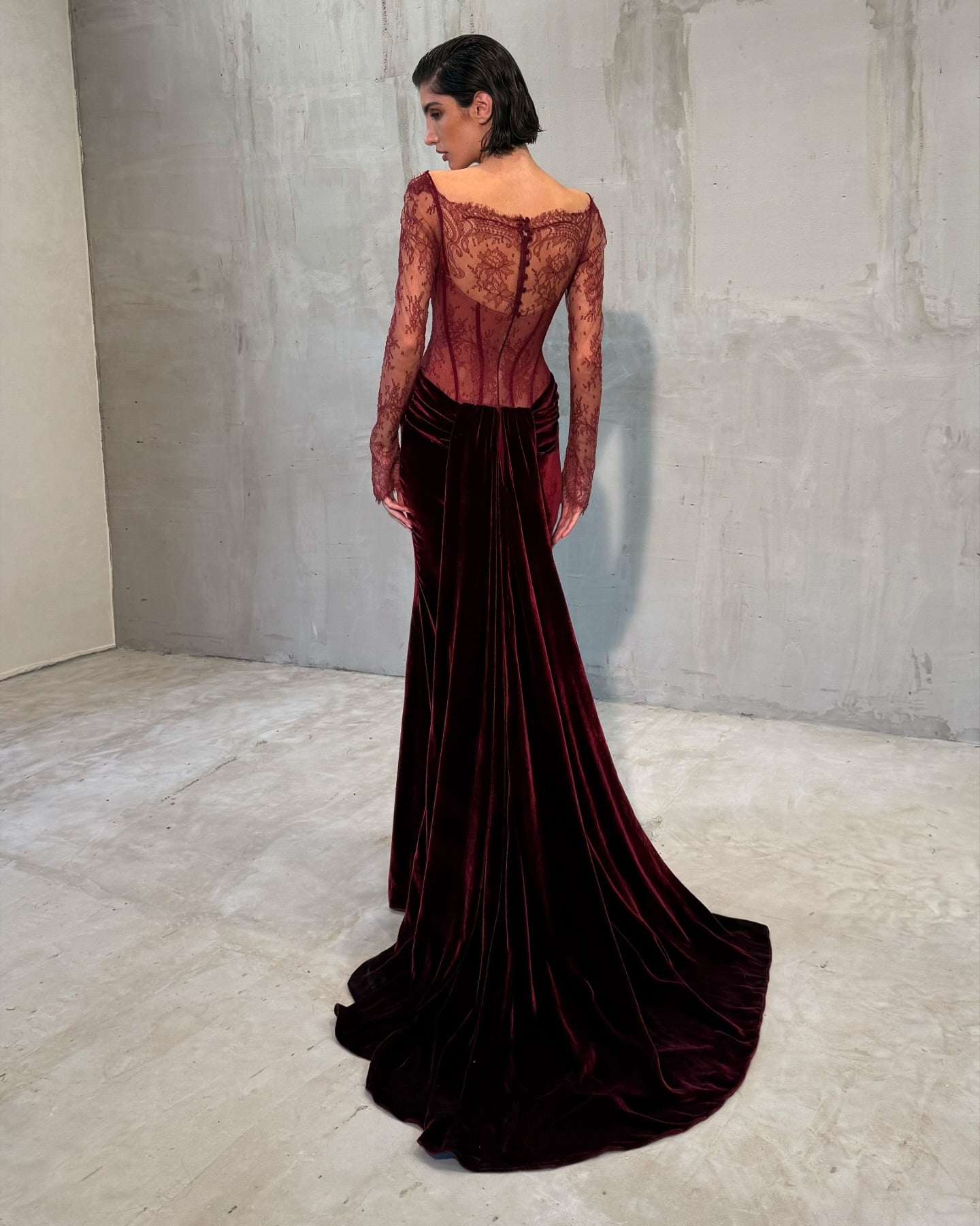 Wine Red Lace and Velvet Long Sleeves Mermaid Evening Dress SF056