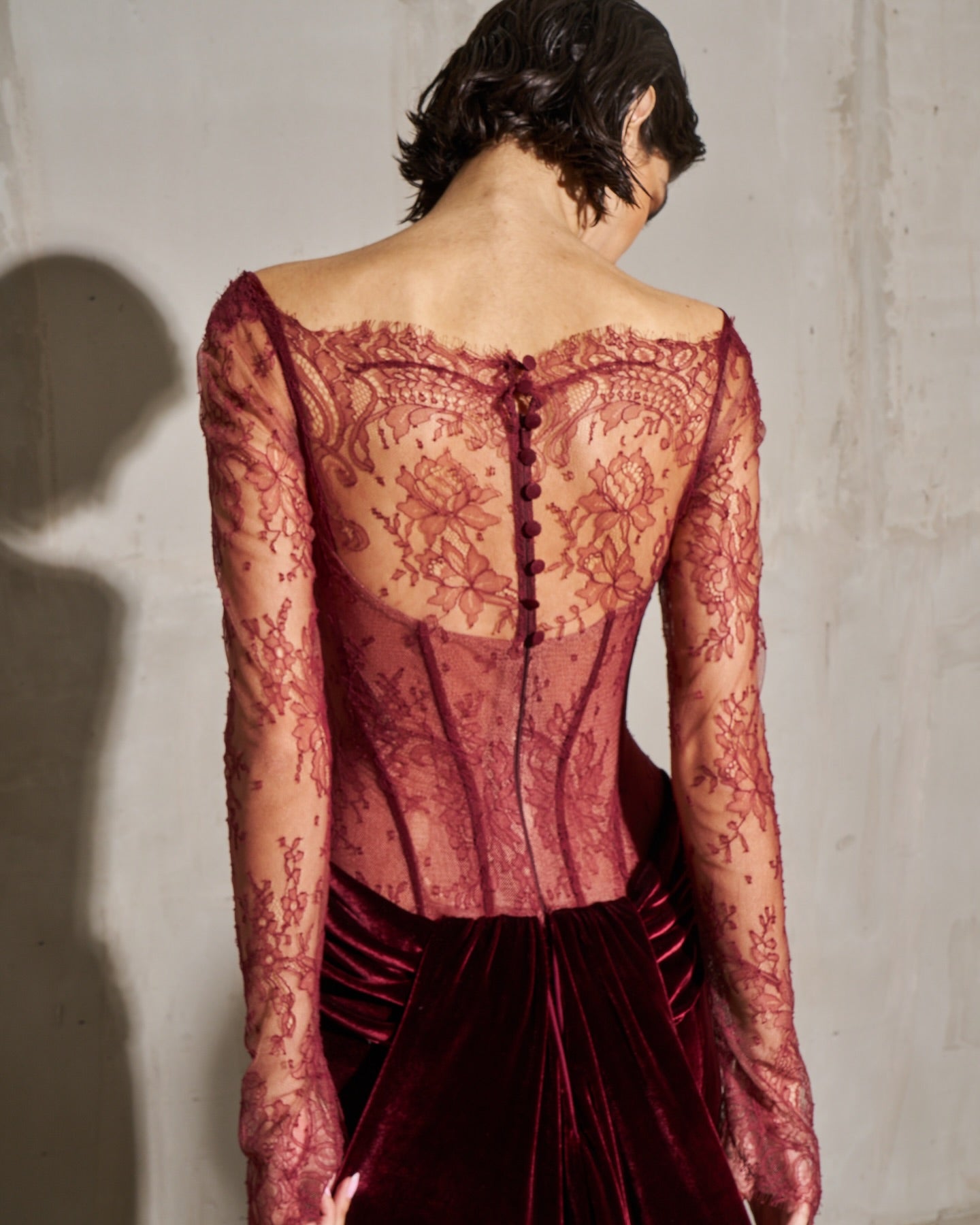 Wine Red Lace and Velvet Long Sleeves Mermaid Evening Dress SF056