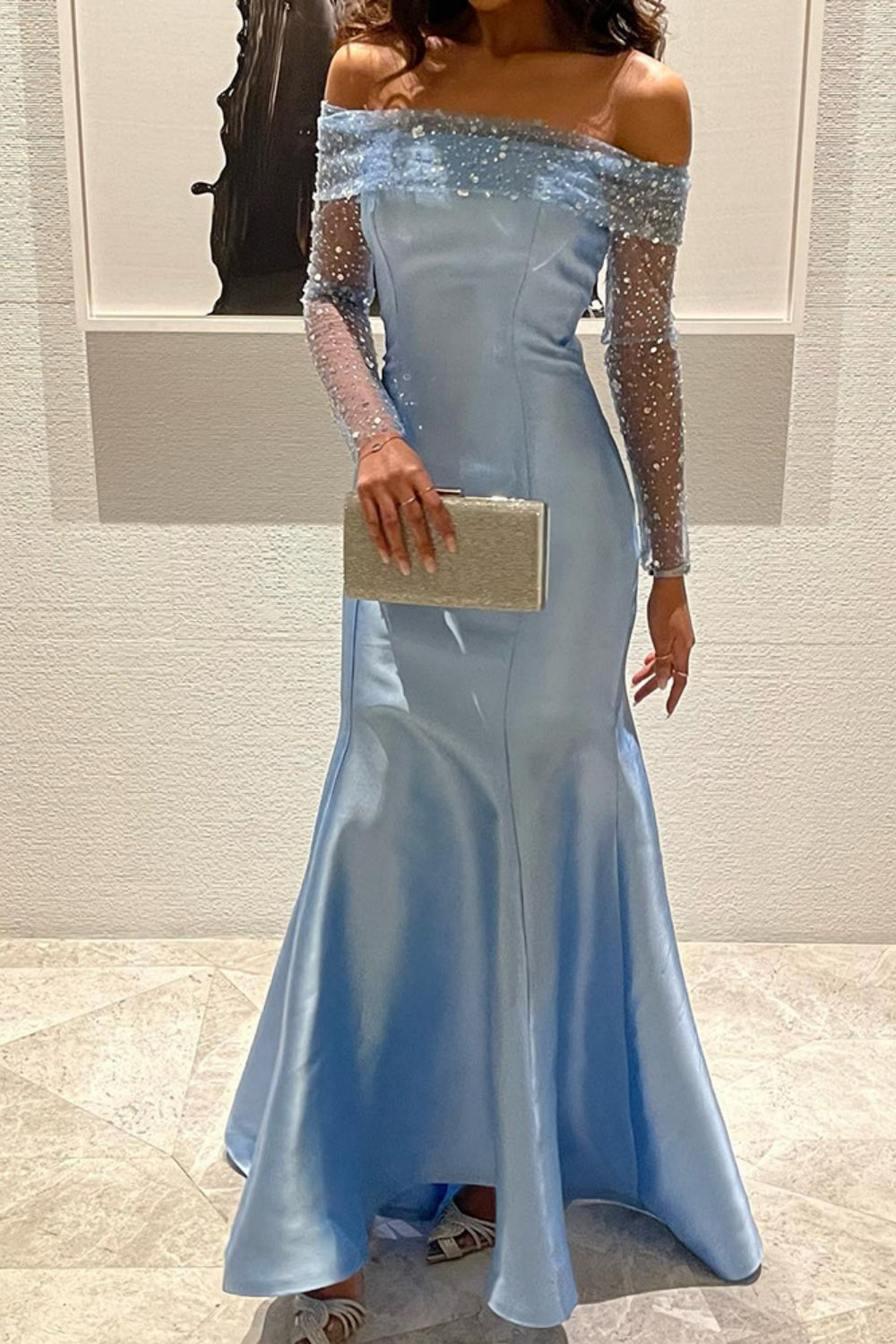 Elegant Off Shoulder Blue Long Sleeves Mermaid Evening Dress SF079 Sheer Fairy