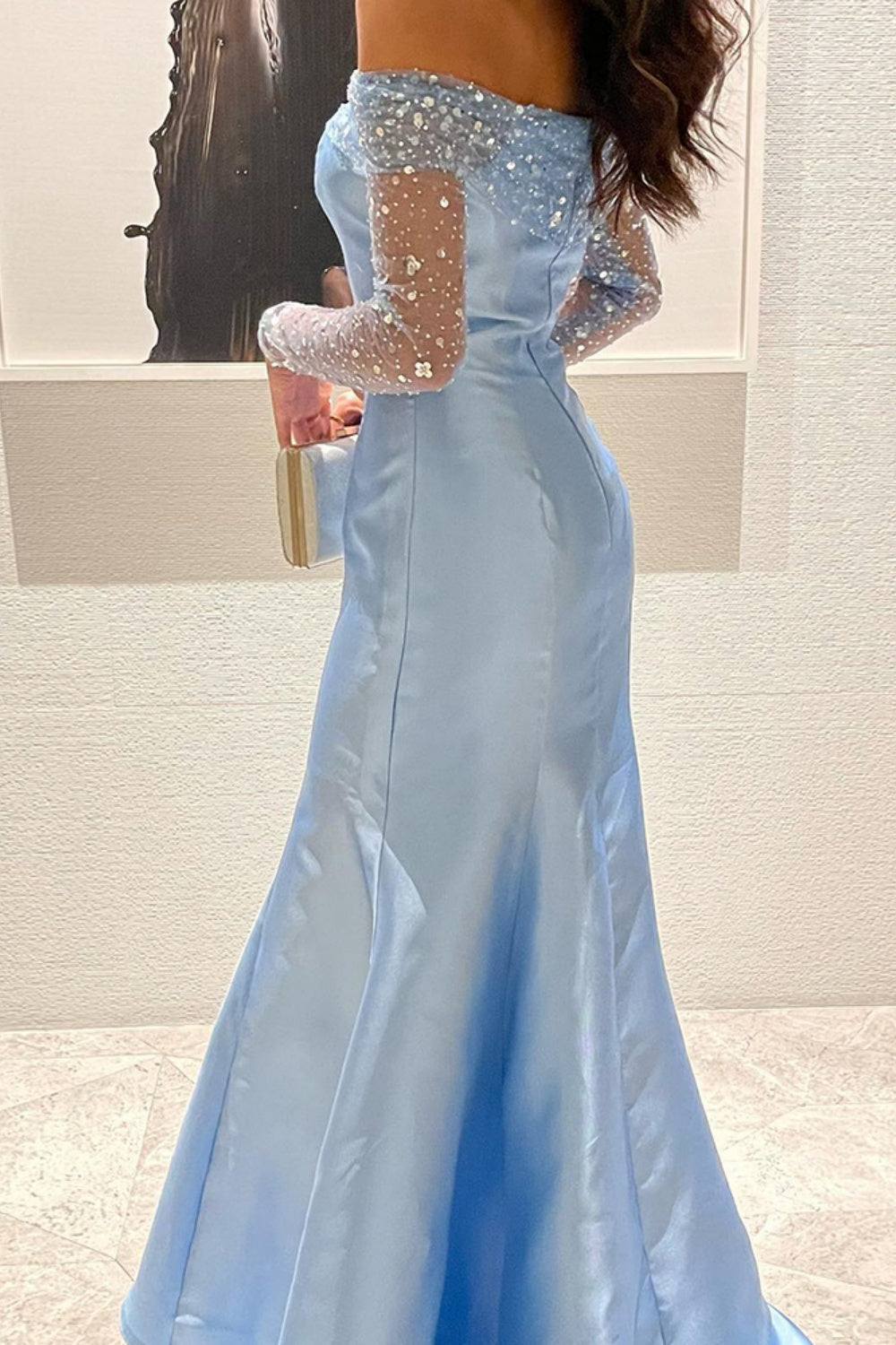 Elegant Off Shoulder Blue Long Sleeves Mermaid Evening Dress SF079 Sheer Fairy