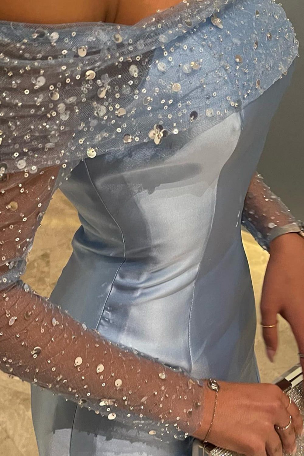 Elegant Off Shoulder Blue Long Sleeves Mermaid Evening Dress SF079 Sheer Fairy