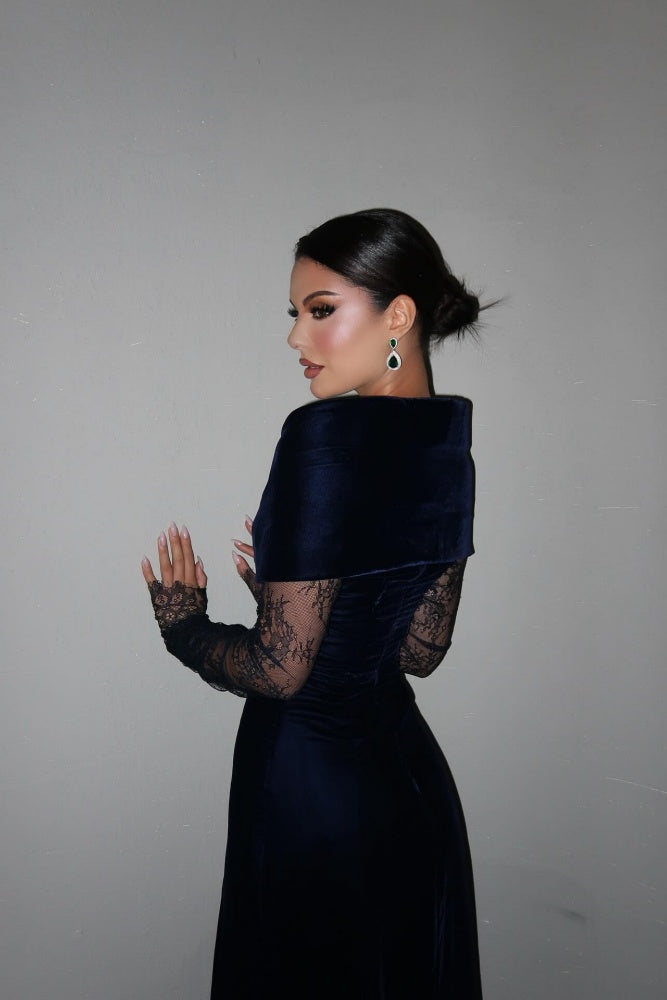 Navy Velvet Evening Dress with Lace Sleeves & Contrast Cape SF443 Sheer Fairy