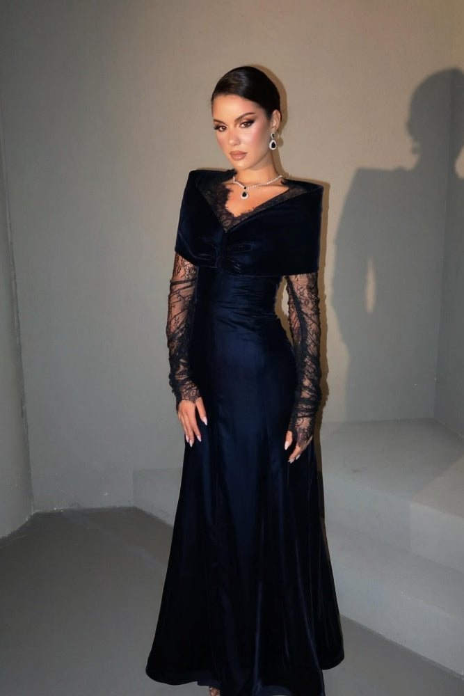 Navy Velvet Evening Dress with Lace Sleeves & Contrast Cape SF443 Sheer Fairy