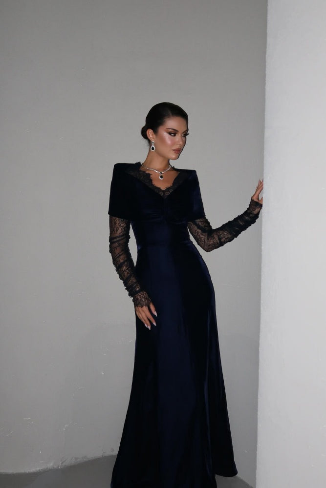 Navy Velvet Evening Dress with Lace Sleeves & Contrast Cape SF443 Sheer Fairy