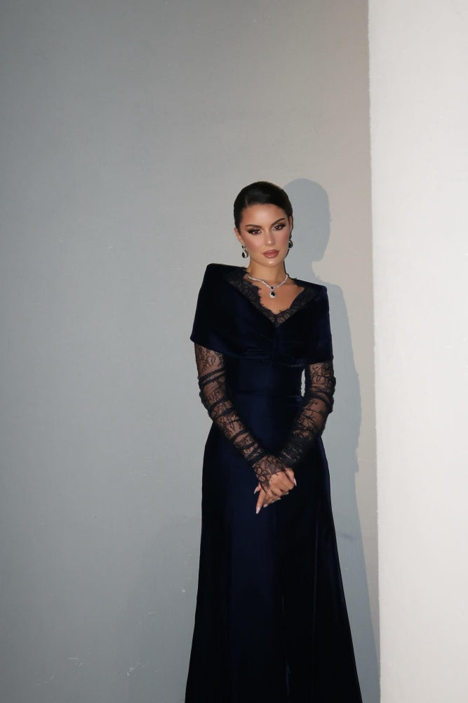 Navy Velvet Evening Dress with Lace Sleeves & Contrast Cape SF443 Sheer Fairy