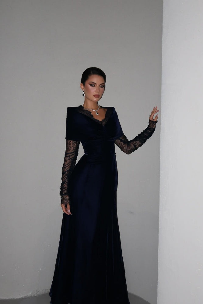 Navy Velvet Evening Dress with Lace Sleeves & Contrast Cape SF443 Sheer Fairy