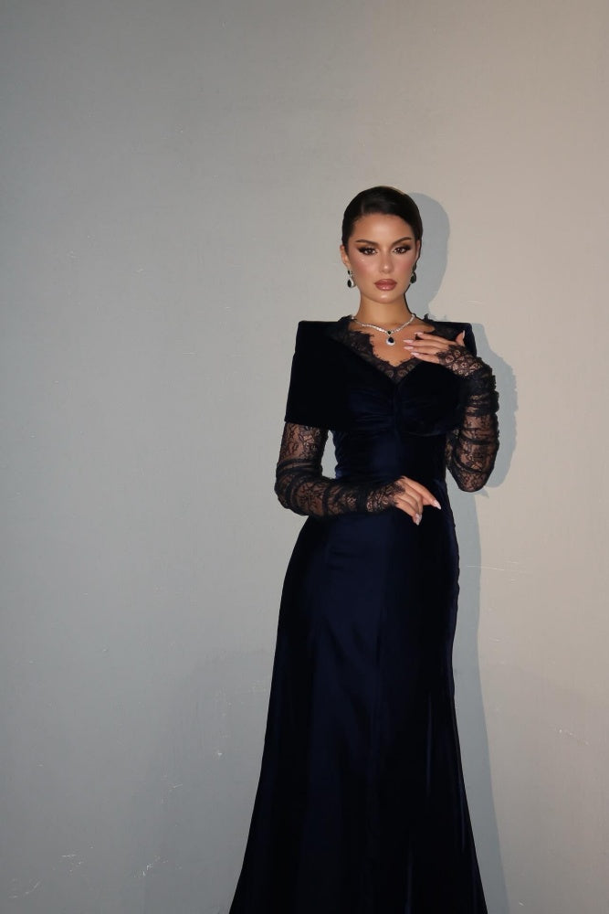 Navy Velvet Evening Dress with Lace Sleeves & Contrast Cape SF443 Sheer Fairy