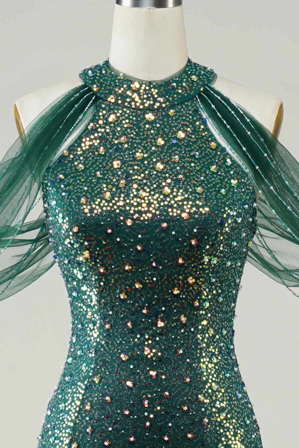 Emerald Green Halter Sequin Ruffle Sleeves Mermaid Prom Dress SH494 Sheer Fairy