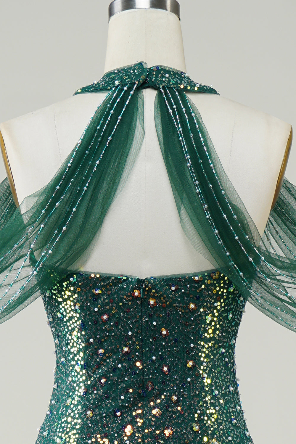 Emerald Green Halter Sequin Ruffle Sleeves Mermaid Prom Dress SH494 Sheer Fairy