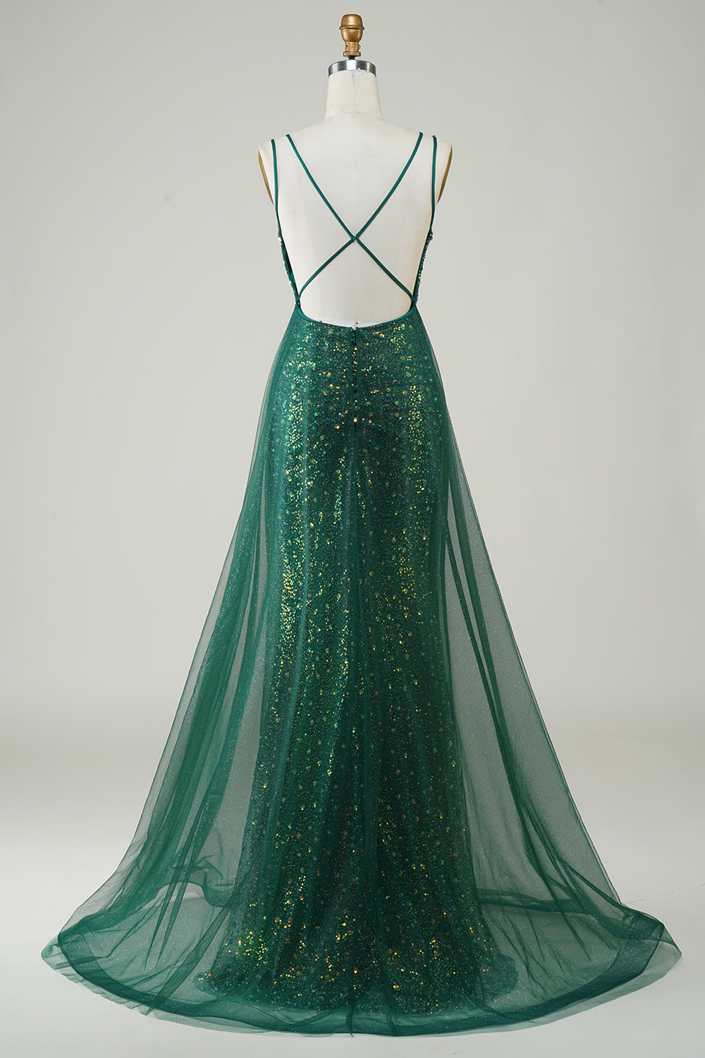 Emerald Green Sequin V-Neck Mermaid Prom Dress with Tulle Overskirt SH497 Sheer Fairy